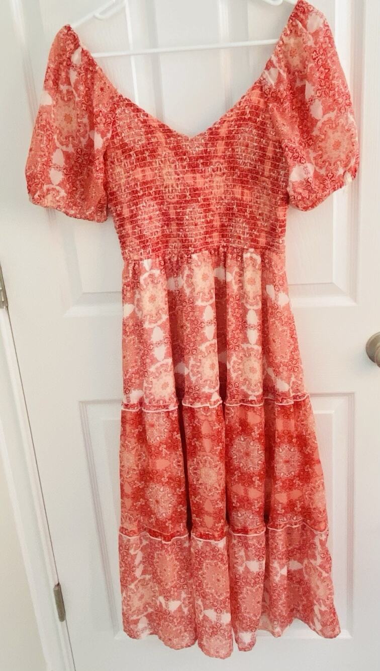 Sincerely Jules Size S Cottagecore Orange Floral Fairy Tiered Dress Boho Flowy